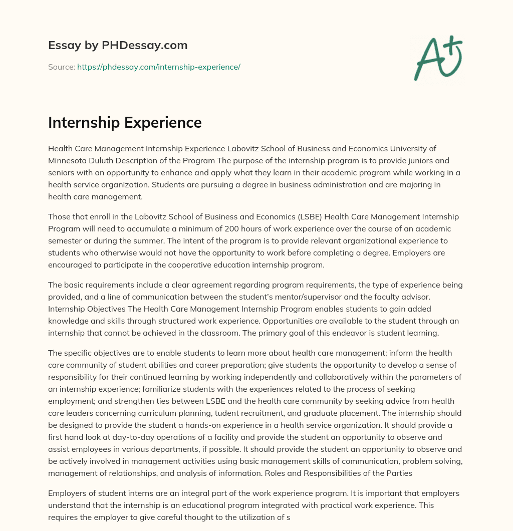 Internship Experience PHDessay