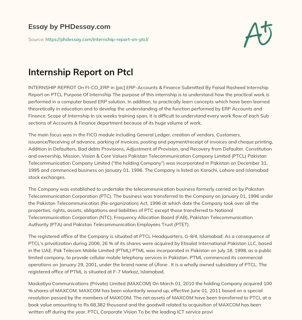 Internship Report on Ptcl essay