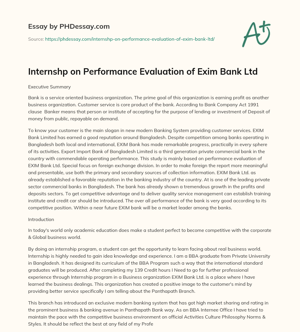 Internshp on Performance Evaluation of Exim Bank Ltd essay