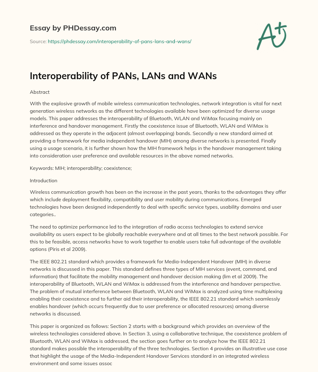 Interoperability of PANs, LANs and WANs essay