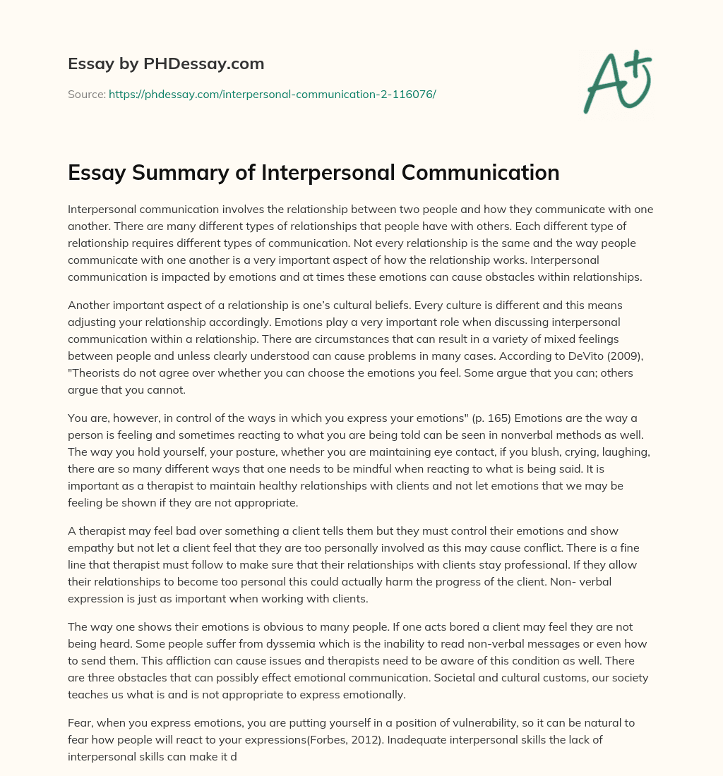 Essay Summary of Interpersonal Communication essay