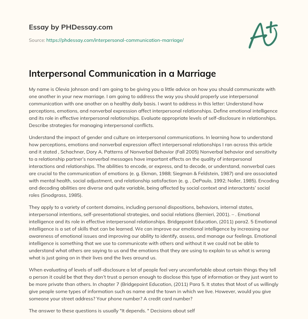 Interpersonal Communication in a Marriage essay