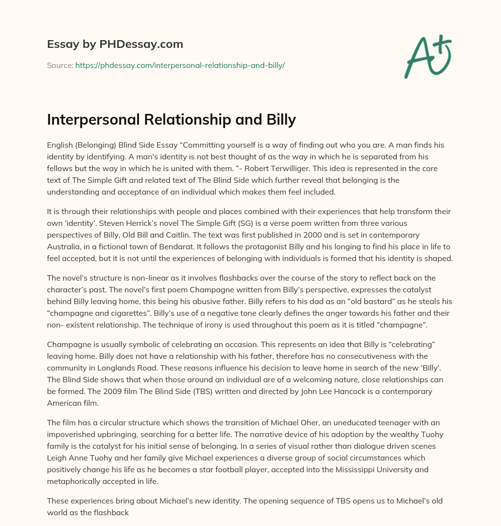 Interpersonal Relationship and Billy essay