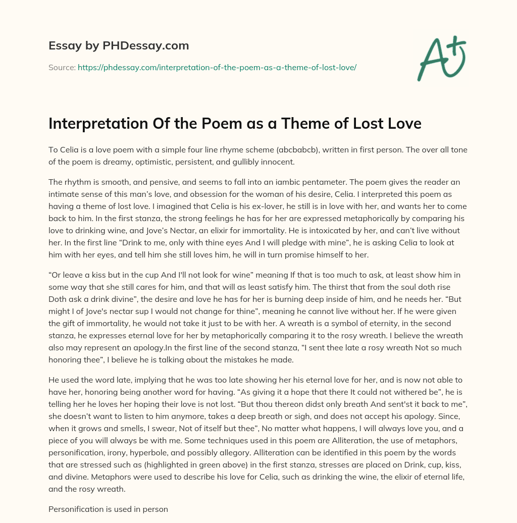 Interpretation Of the Poem as a Theme of Lost Love essay