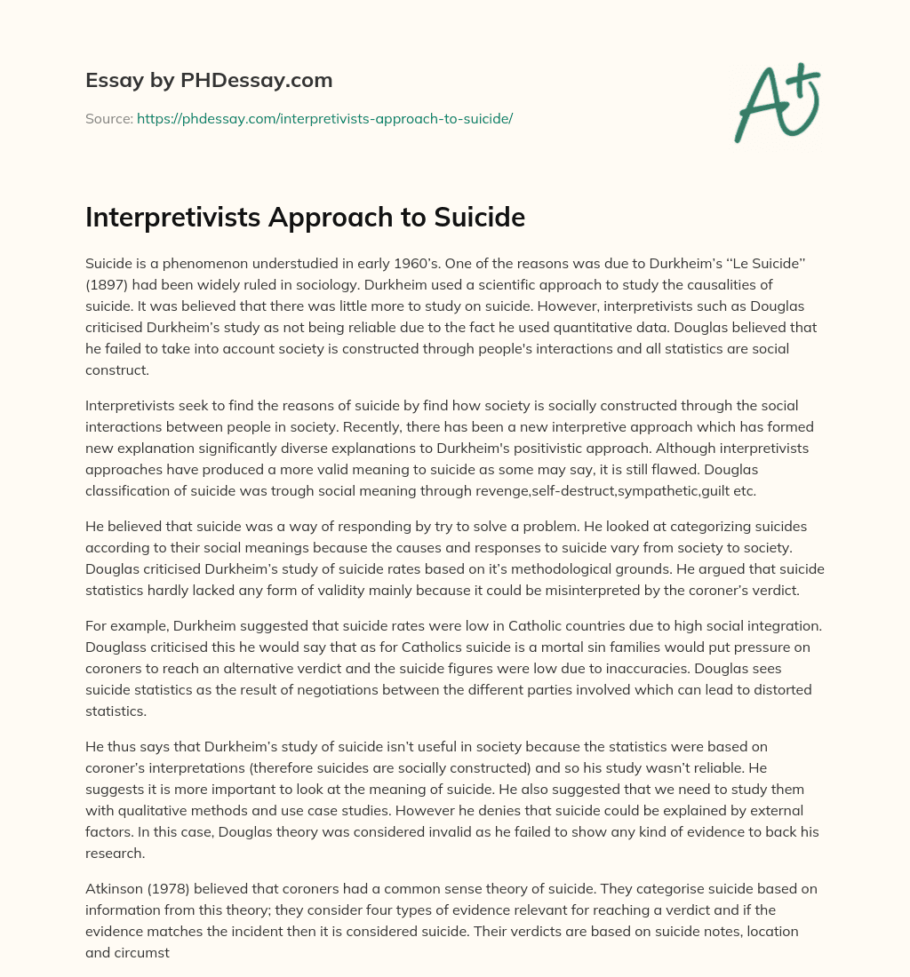 Interpretivists Approach to Suicide essay