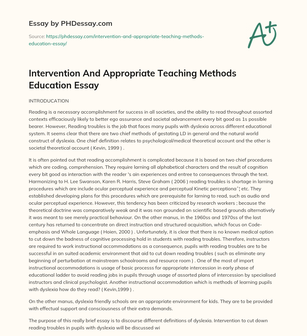 Intervention And Appropriate Teaching Methods Education Essay essay