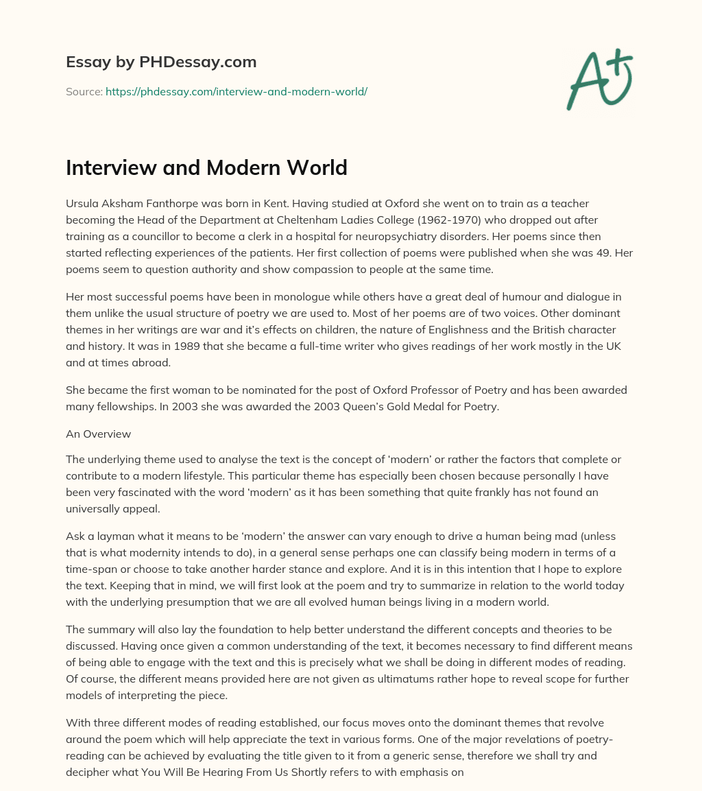 Interview and Modern World essay