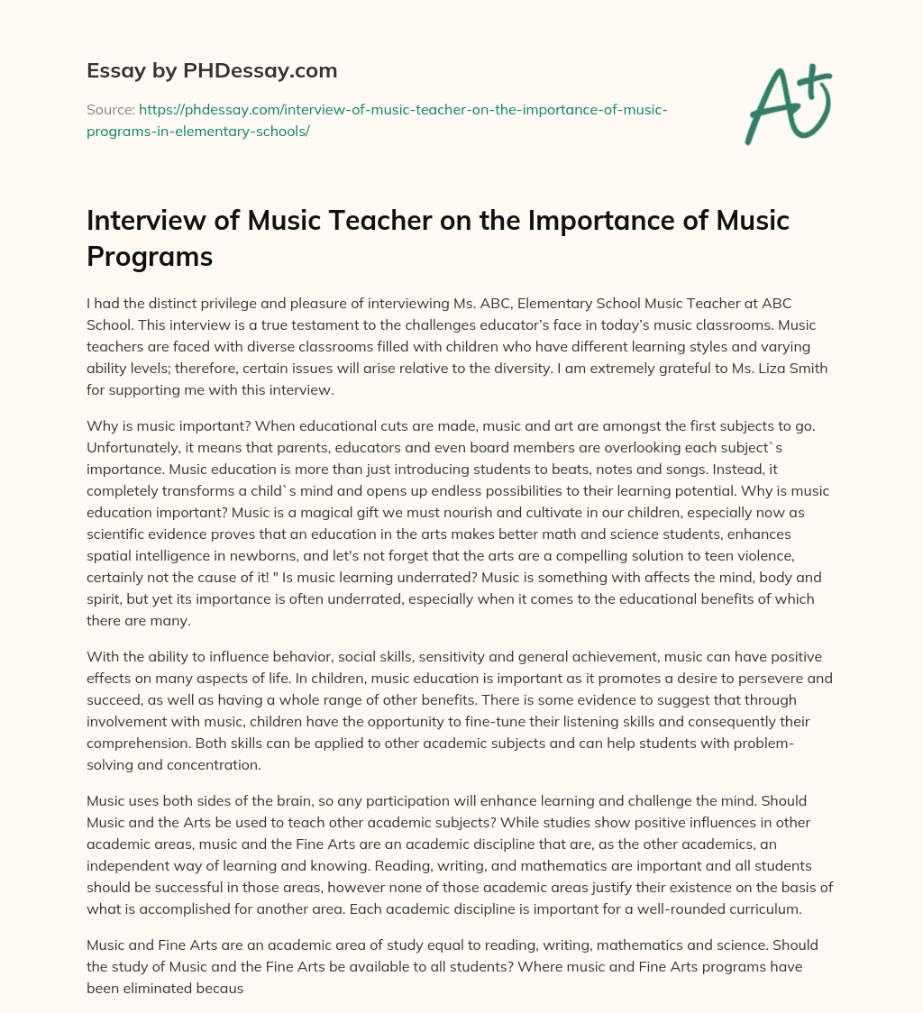 Interview of Music Teacher on the Importance of Music Programs essay