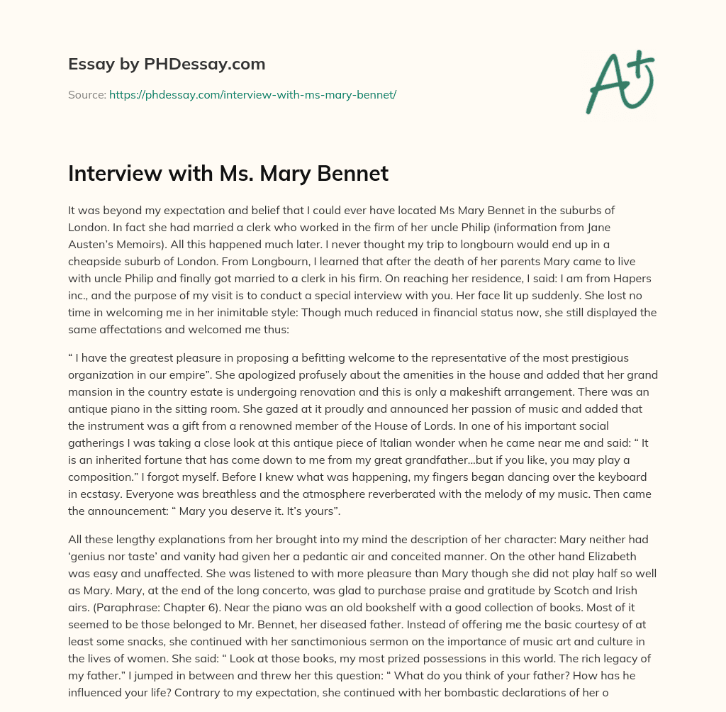 Interview with Ms. Mary Bennet essay