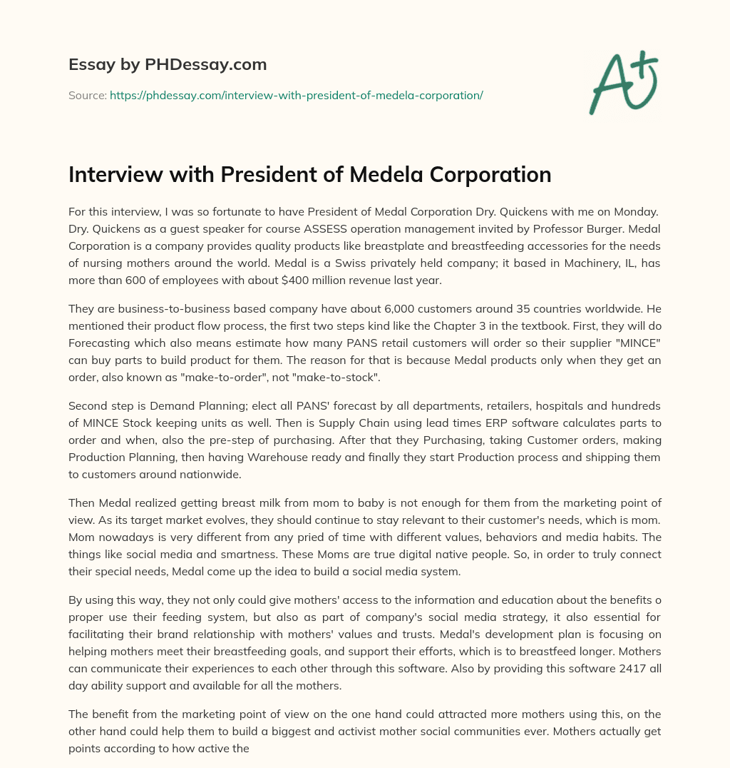 Interview with President of Medela Corporation essay