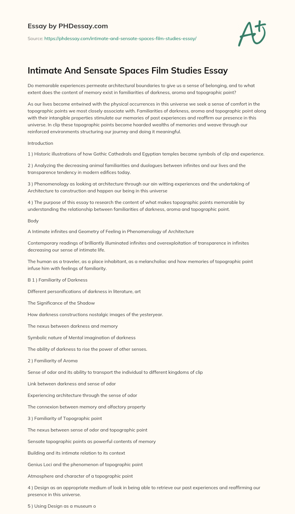 Intimate And Sensate Spaces Film Studies Essay essay