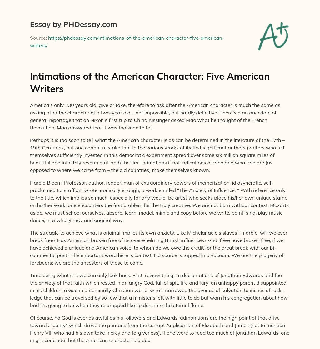Intimations of the American Character: Five American Writers essay