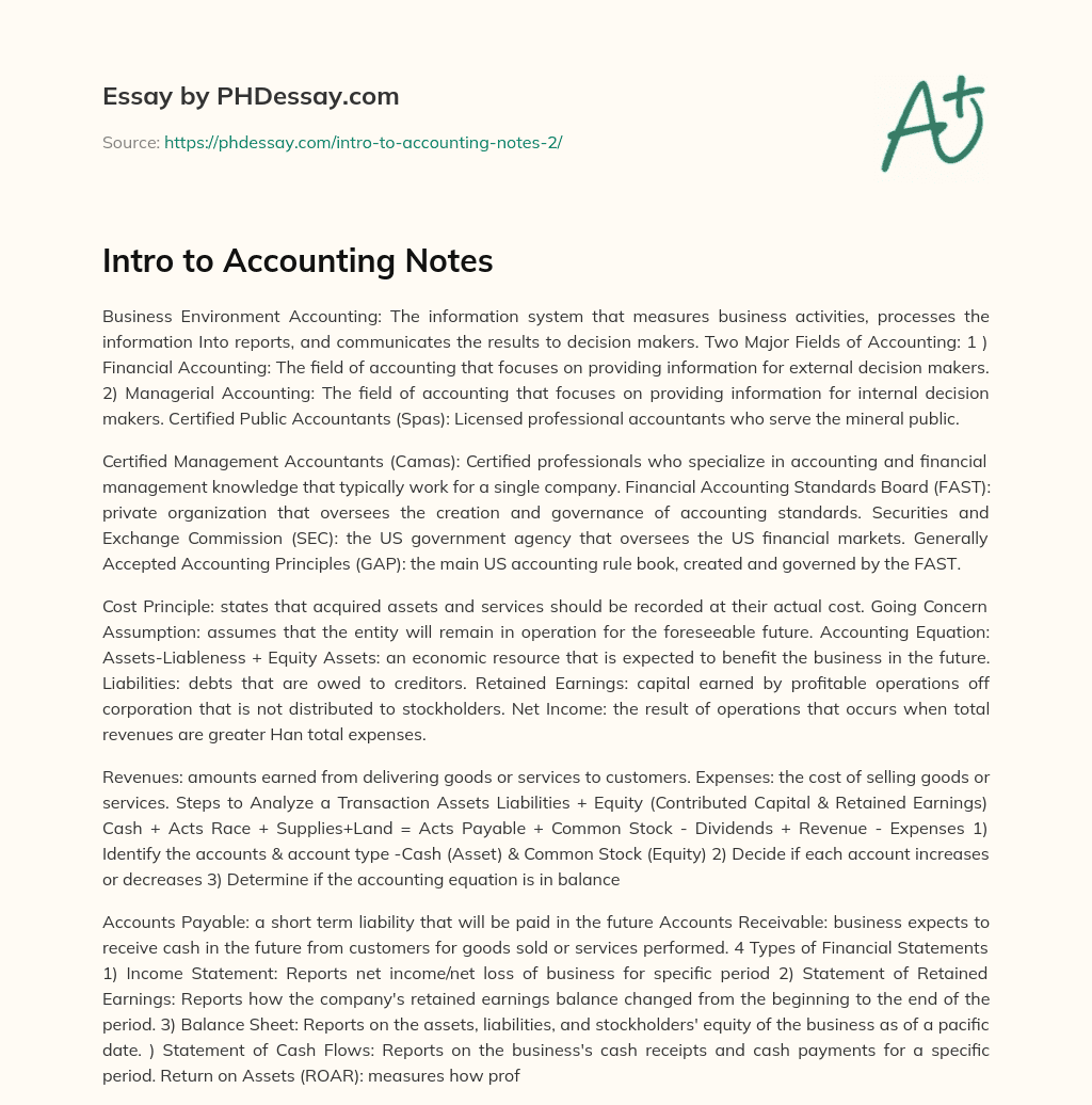 Intro to Accounting Notes essay