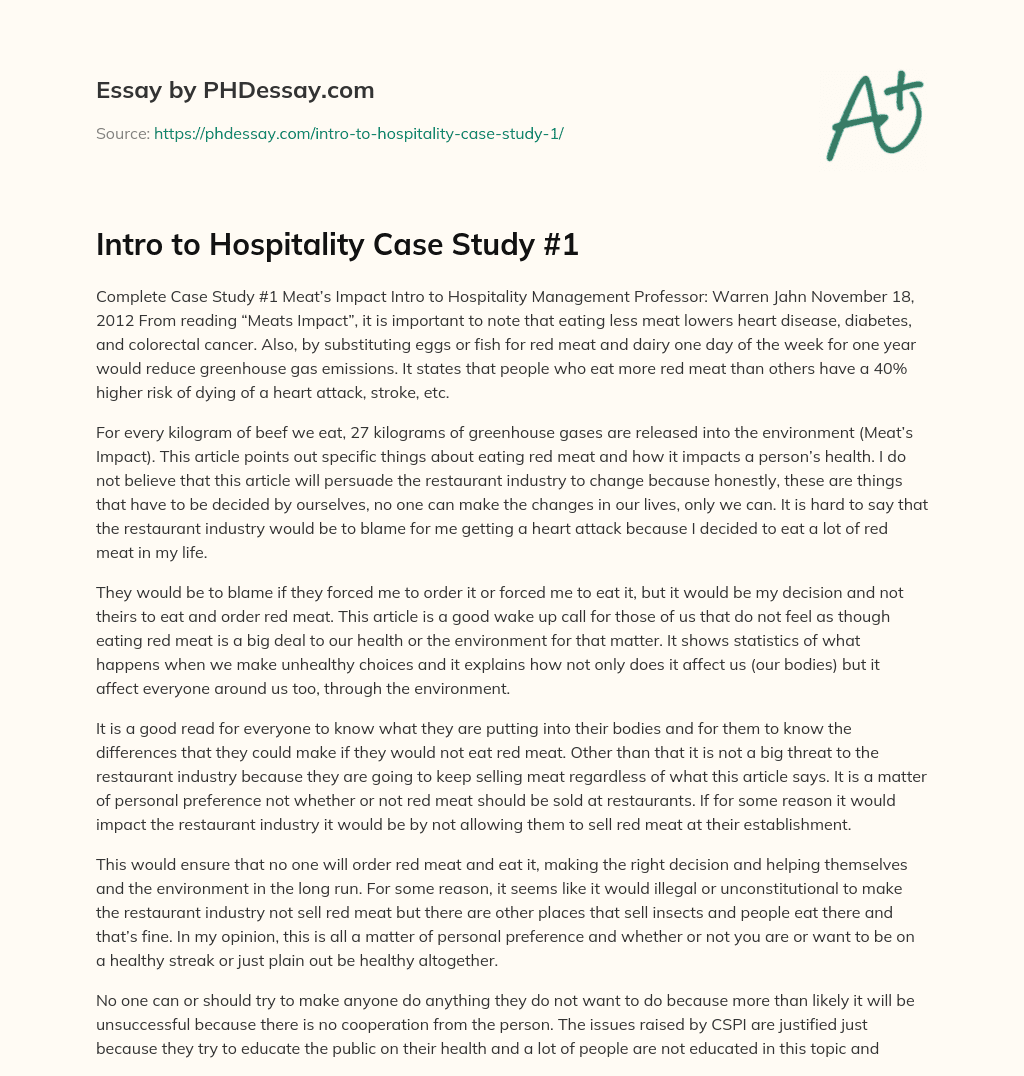 Intro to Hospitality Case Study #1 essay