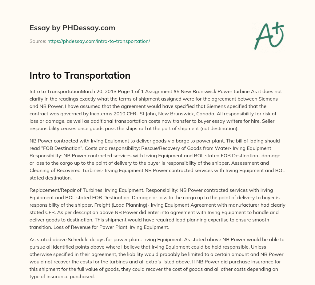 Intro to Transportation essay