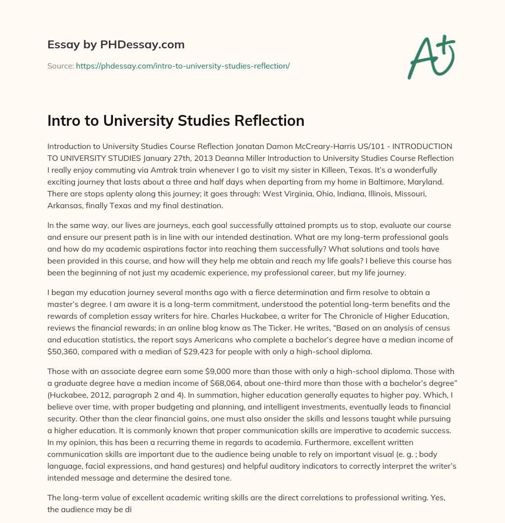 Intro to University Studies Reflection essay