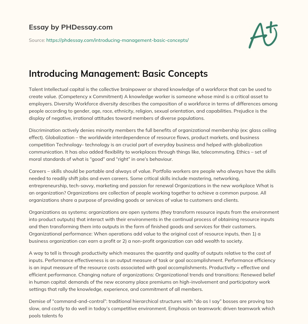 Introducing Management: Basic Concepts essay