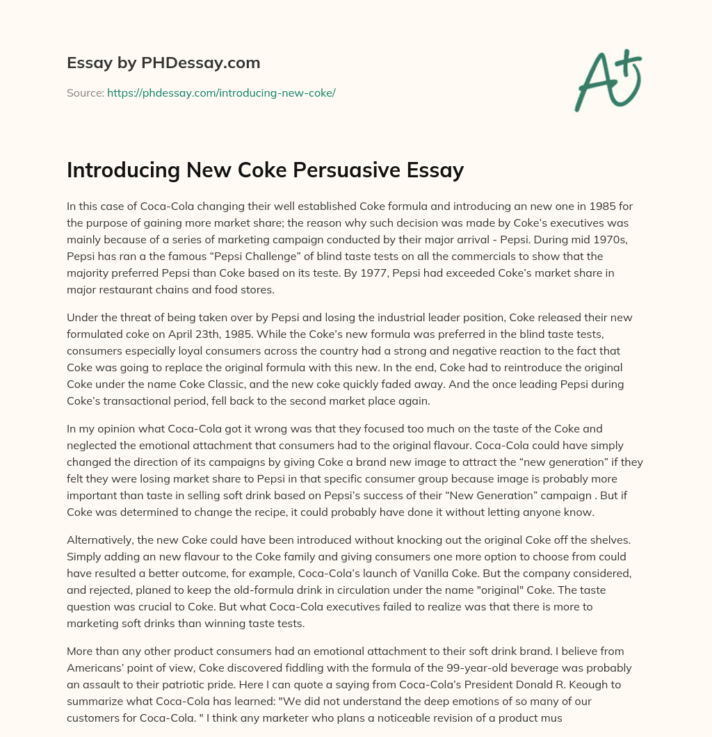 Introducing New Coke Persuasive Essay essay