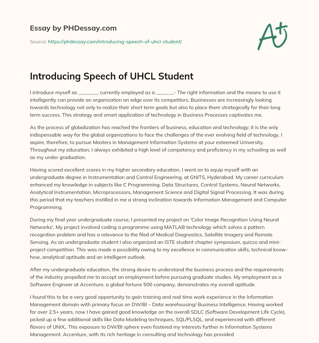 Introducing Speech of UHCL Student essay