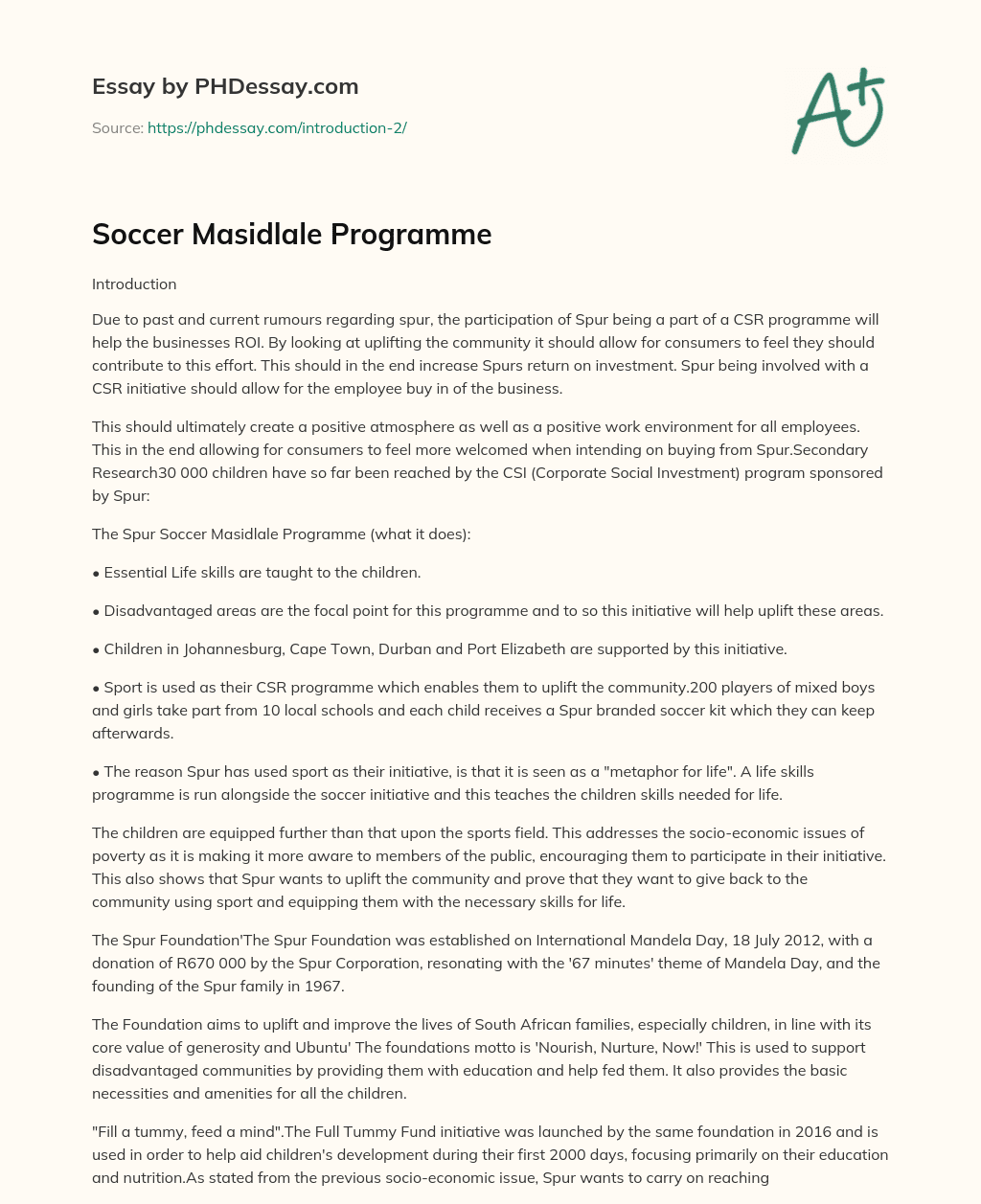 Soccer Masidlale Programme essay