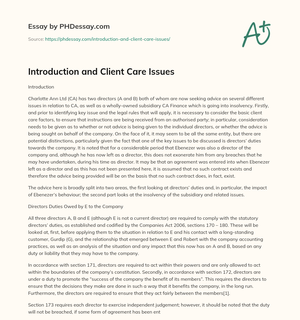 Introduction and Client Care Issues essay