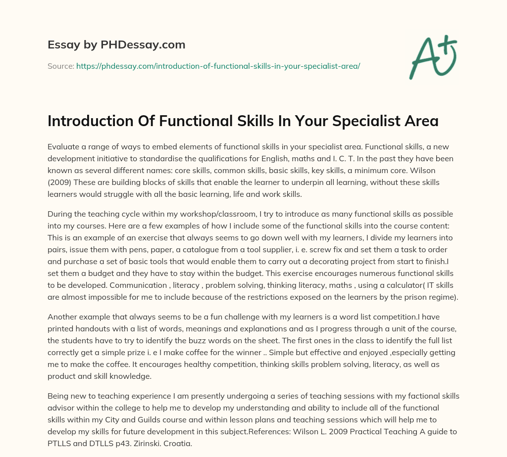 Introduction Of Functional Skills In Your Specialist Area essay
