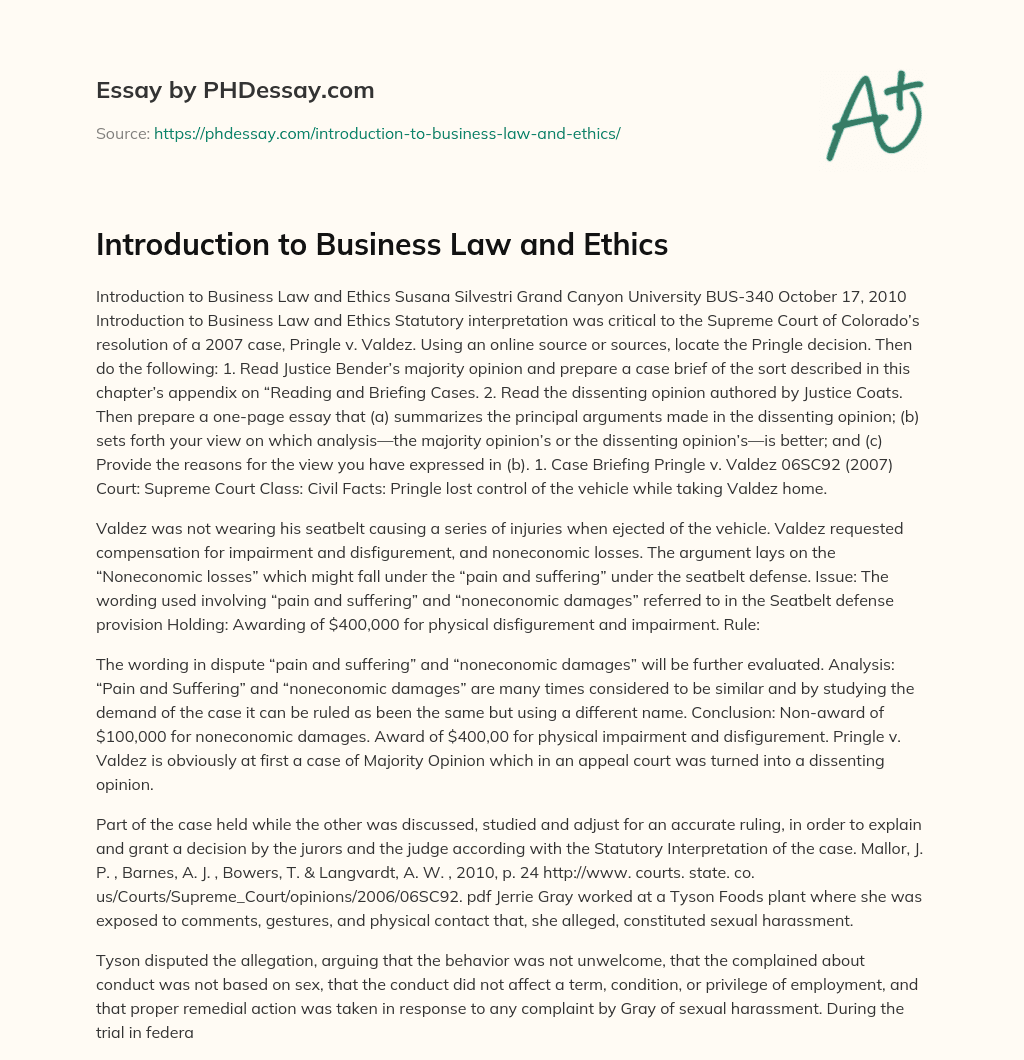 Introduction to Business Law and Ethics essay