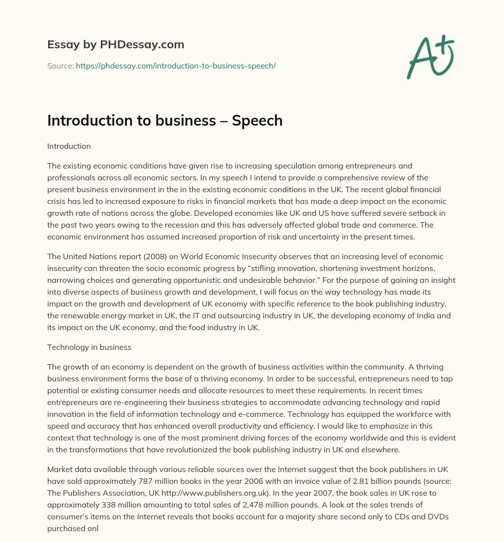 Introduction to business – Speech essay
