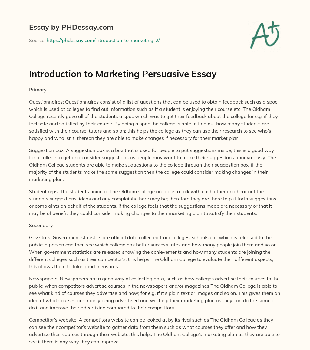 Introduction to Marketing Persuasive Essay essay