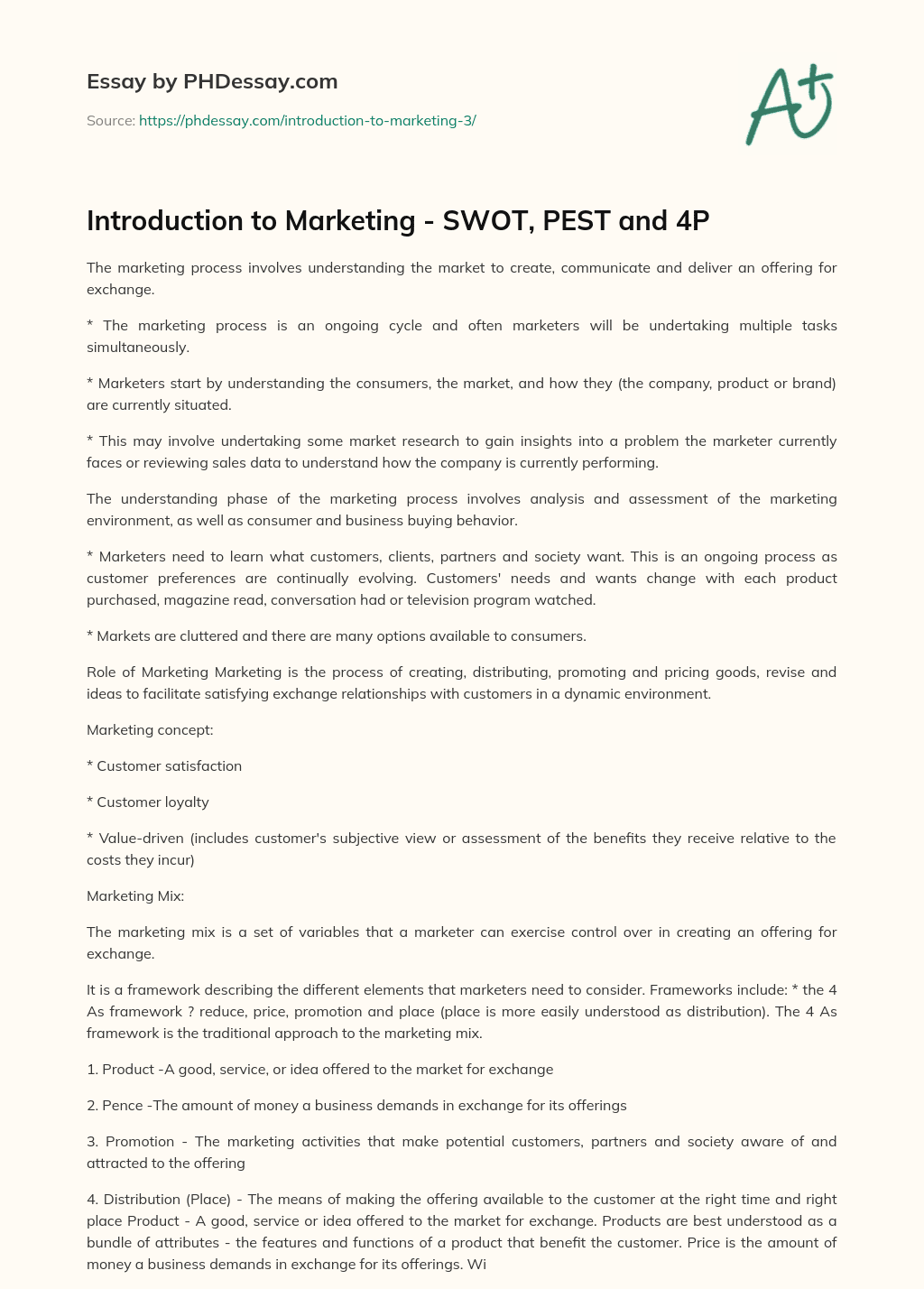 Introduction to Marketing – SWOT, PEST and 4P essay