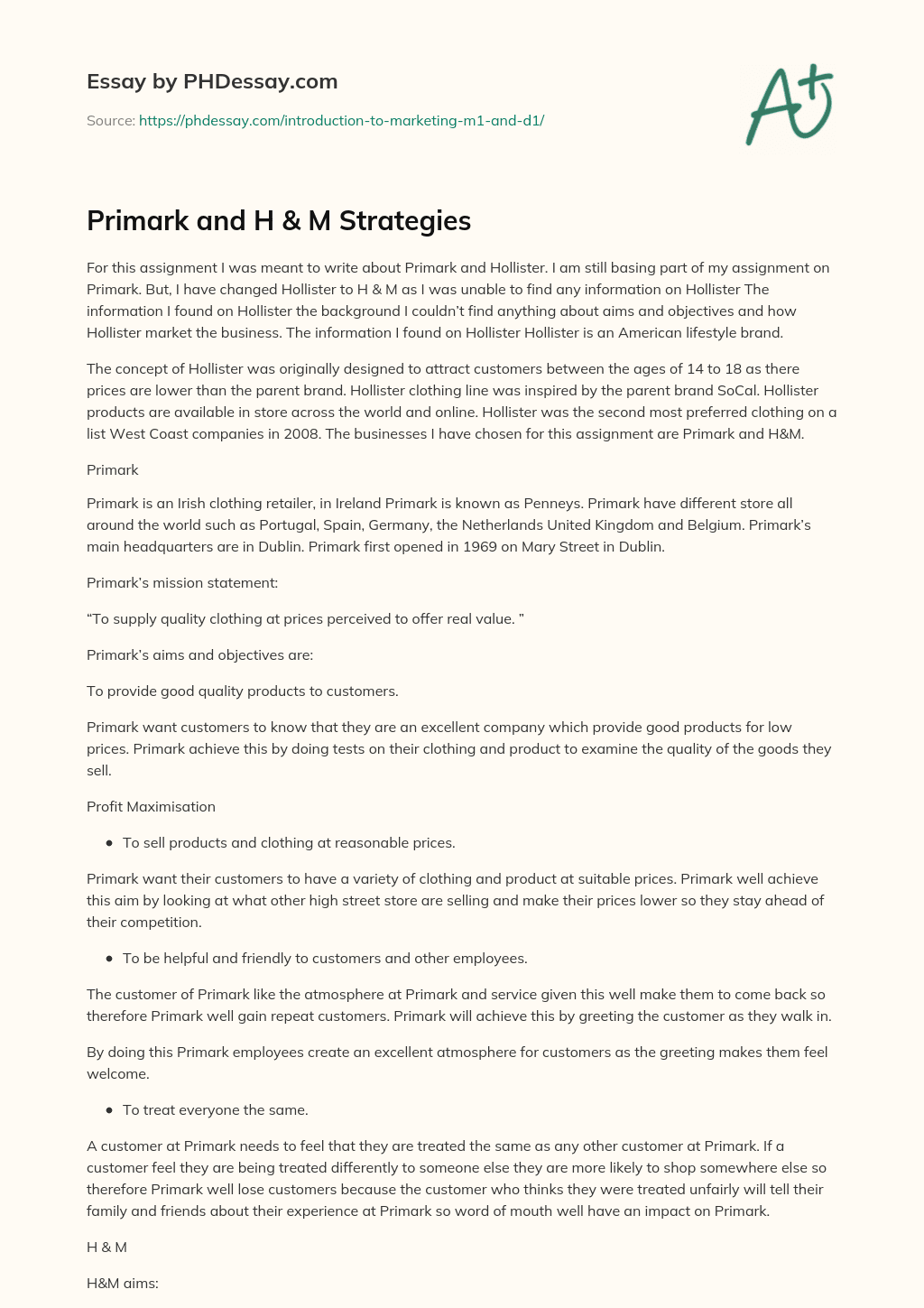 Primark and H & M Strategies essay