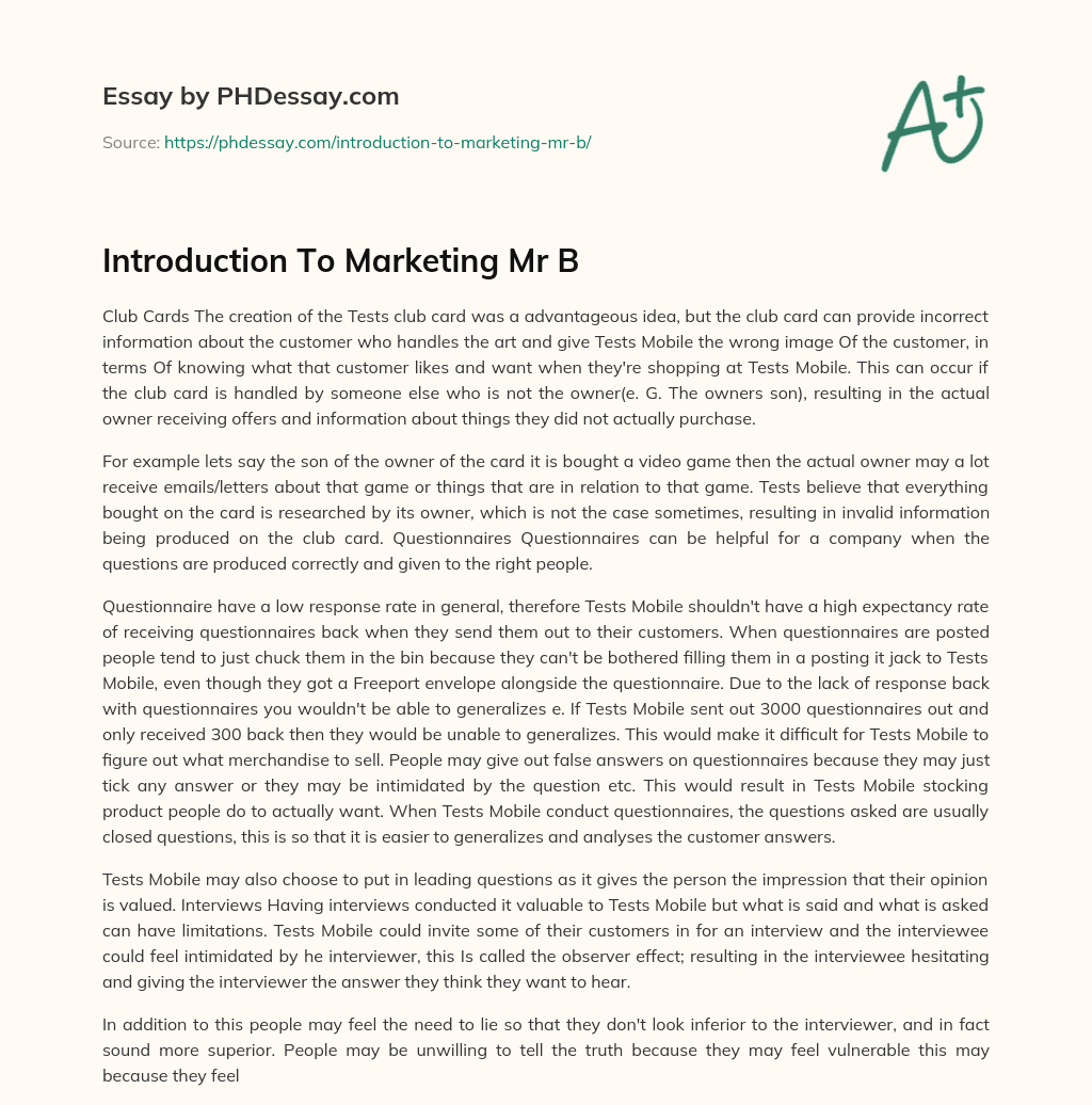 Introduction To Marketing Mr B essay