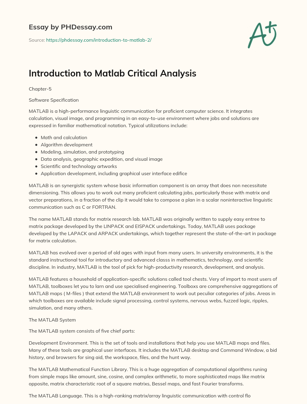 Introduction to Matlab Critical Analysis essay