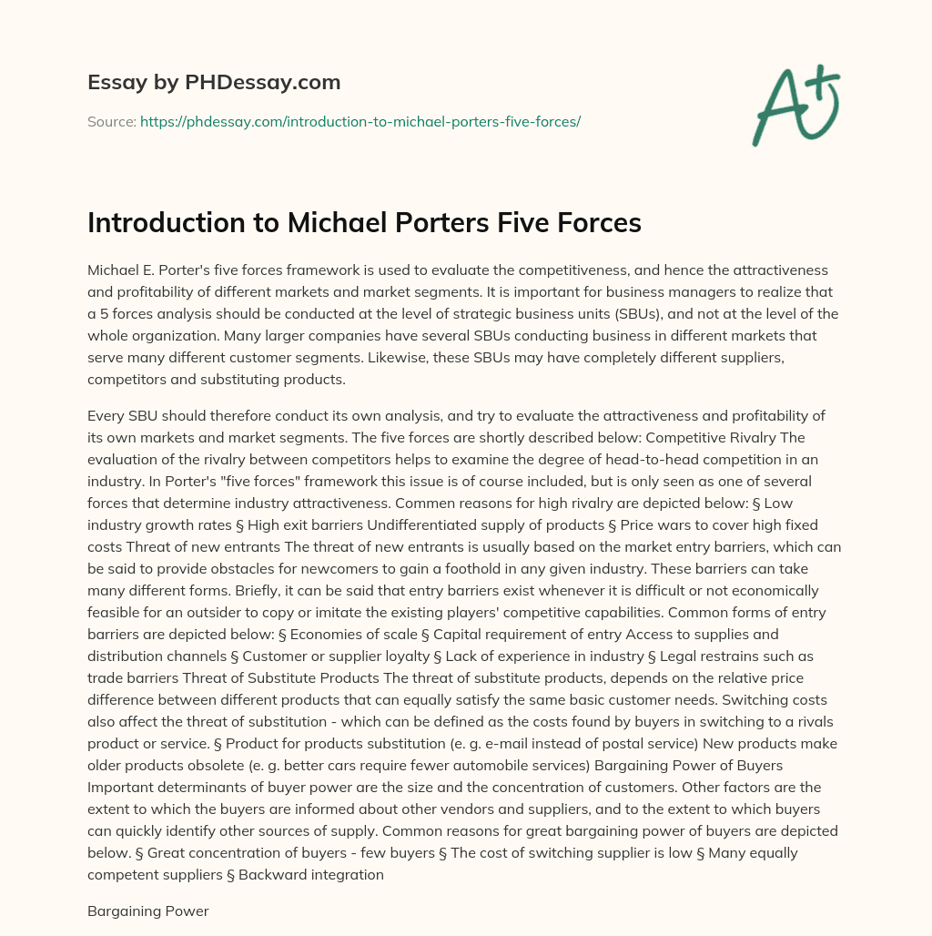 Introduction to Michael Porters Five Forces essay