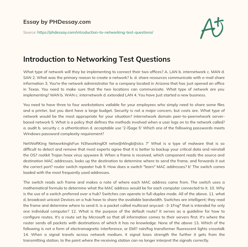 Introduction to Networking Test Questions (600 Words)