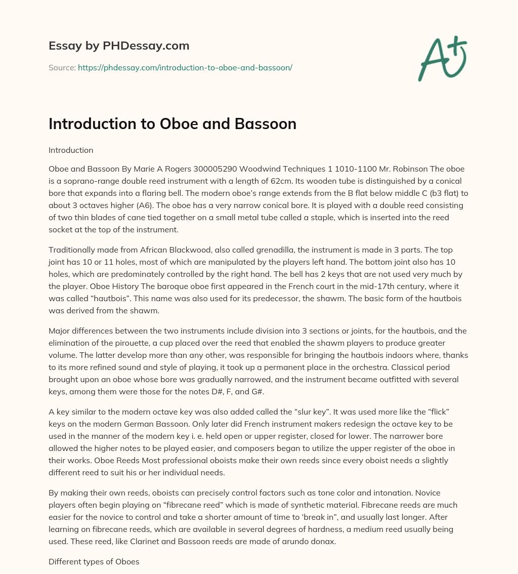 Introduction to Oboe and Bassoon essay