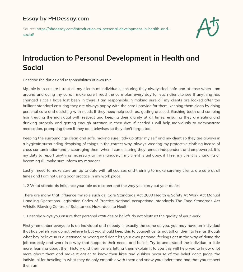 Introduction to Personal Development in Health and Social essay