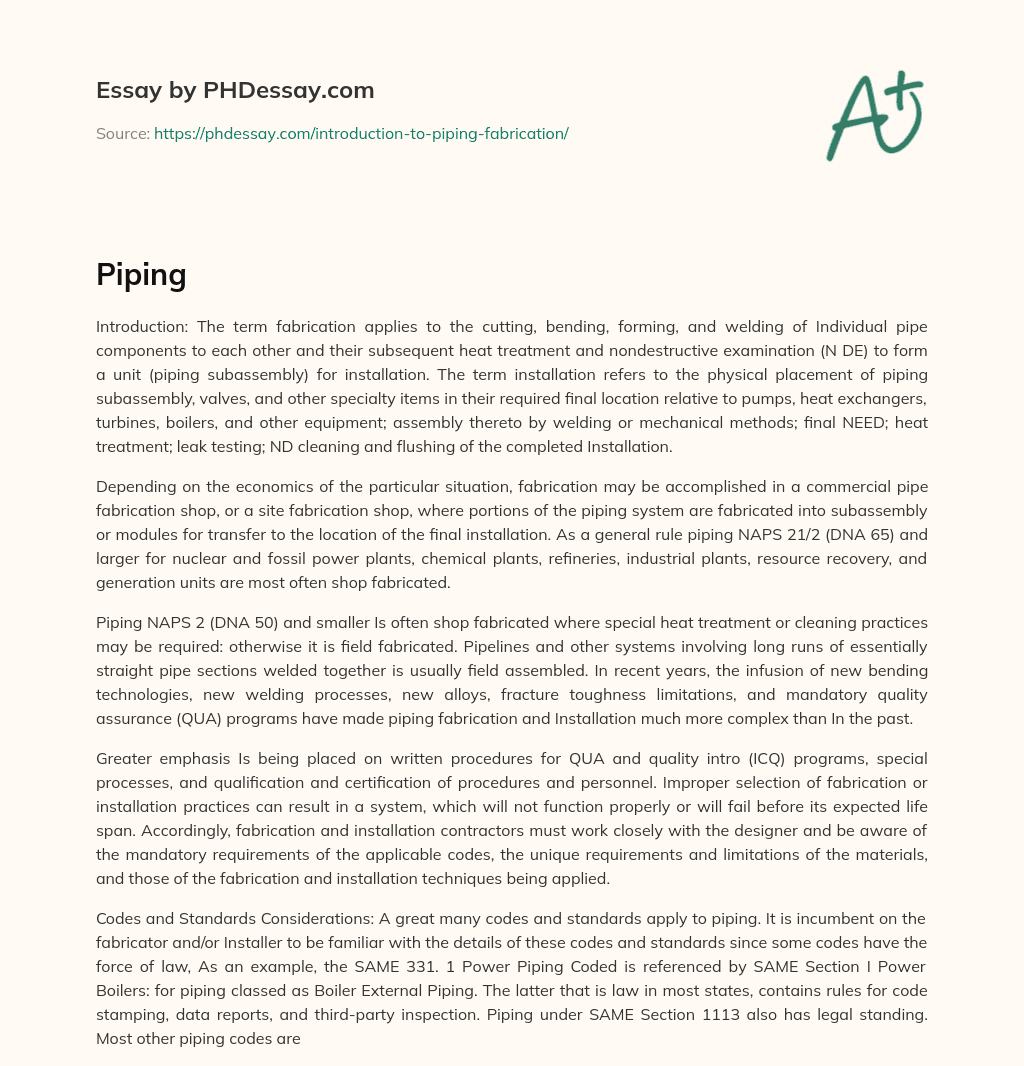 Fabrication and Installation of Piping Subassemblies for Industrial Applications essay
