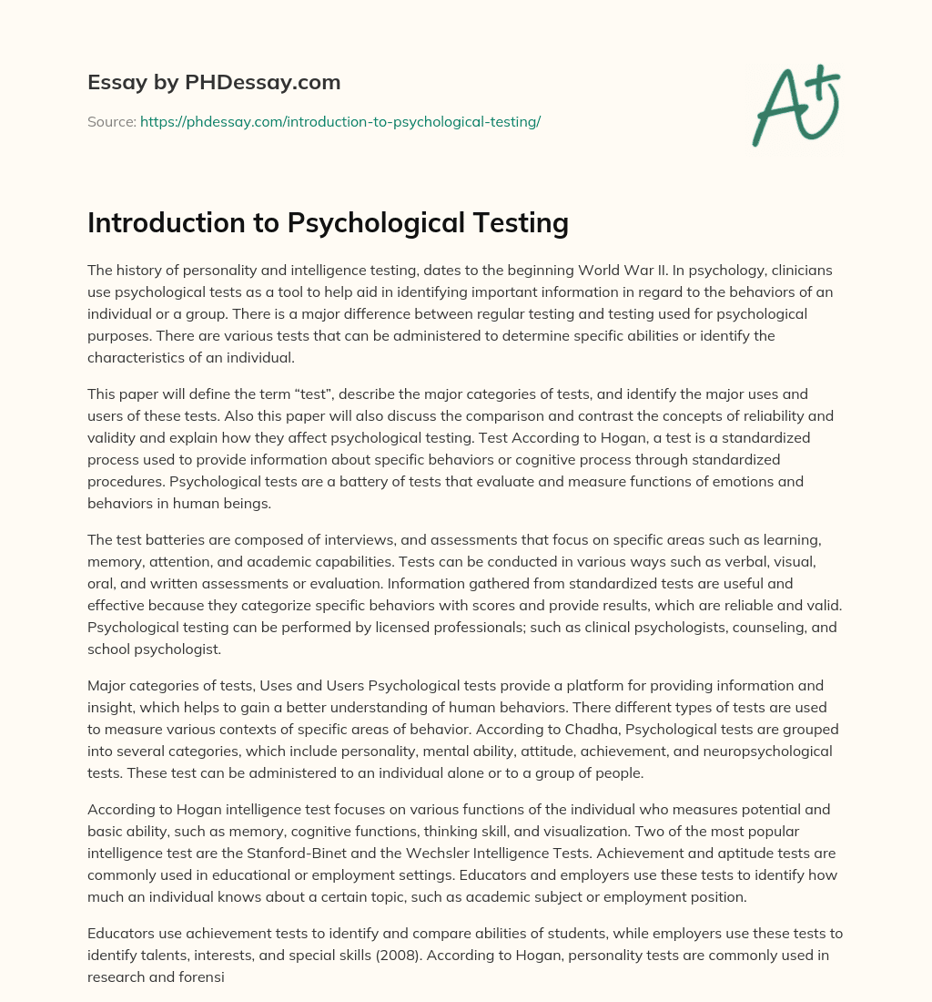 Introduction to Psychological Testing essay