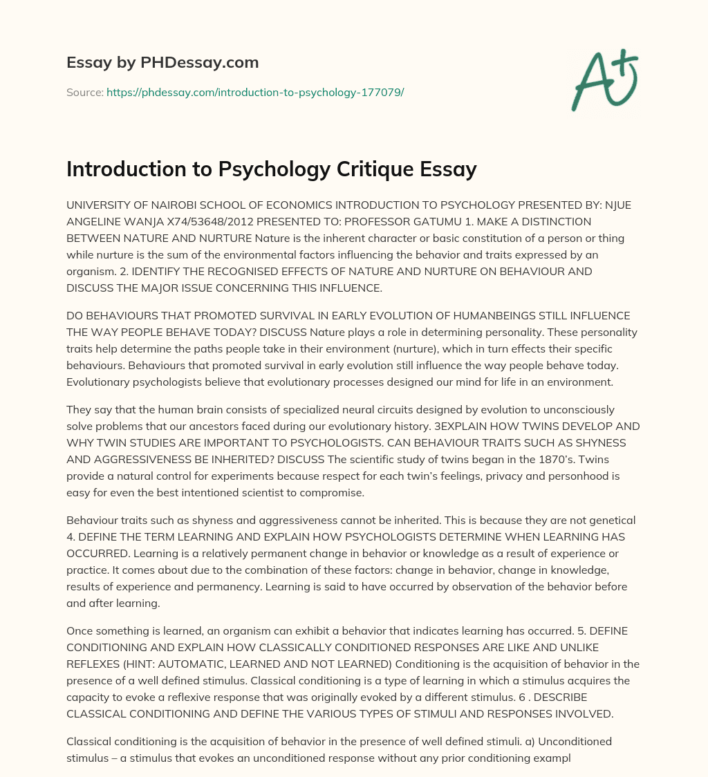 Introduction to Psychology Critique Essay essay
