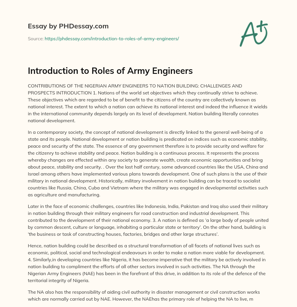 Introduction To Roles Of Army Engineers Essay Example