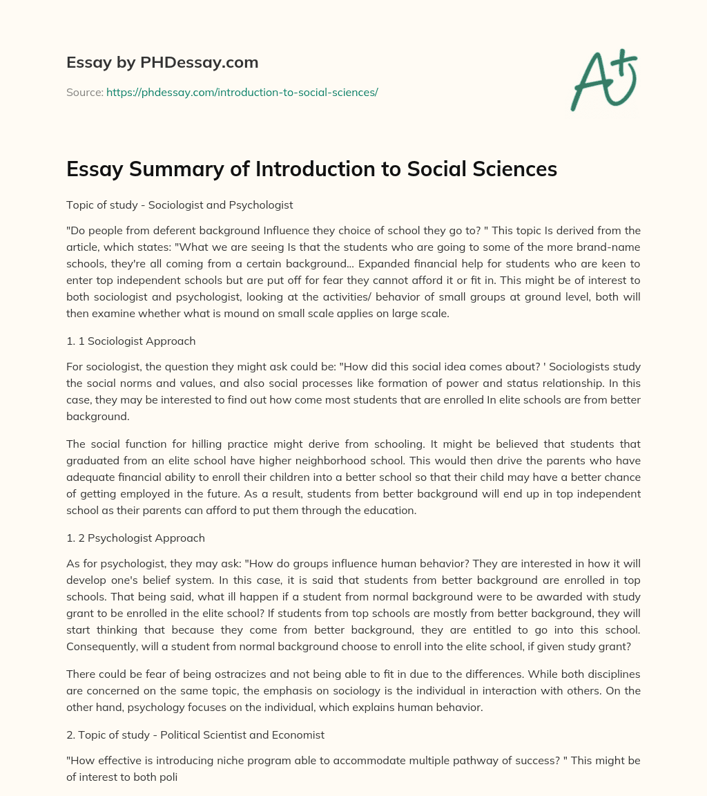 Essay Summary Of Introduction To Social Sciences PHDessay