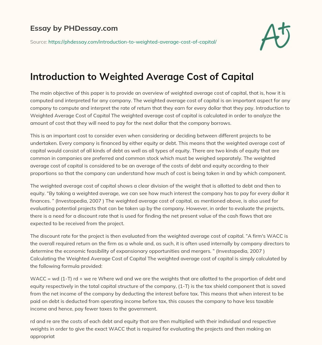 Introduction to Weighted Average Cost of Capital essay