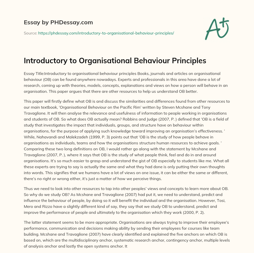 Introductory to Organisational Behaviour Principles essay