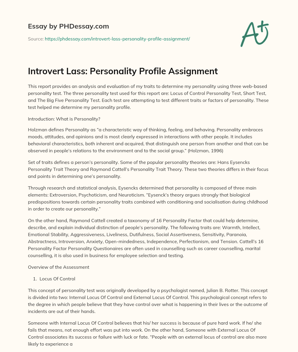 Introvert Lass: Personality Profile Assignment essay