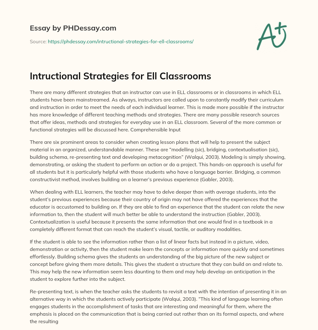 Intructional Strategies for Ell Classrooms essay
