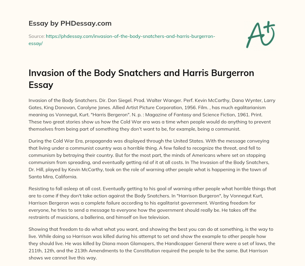 Invasion of the Body Snatchers and Harris Burgerron Essay essay