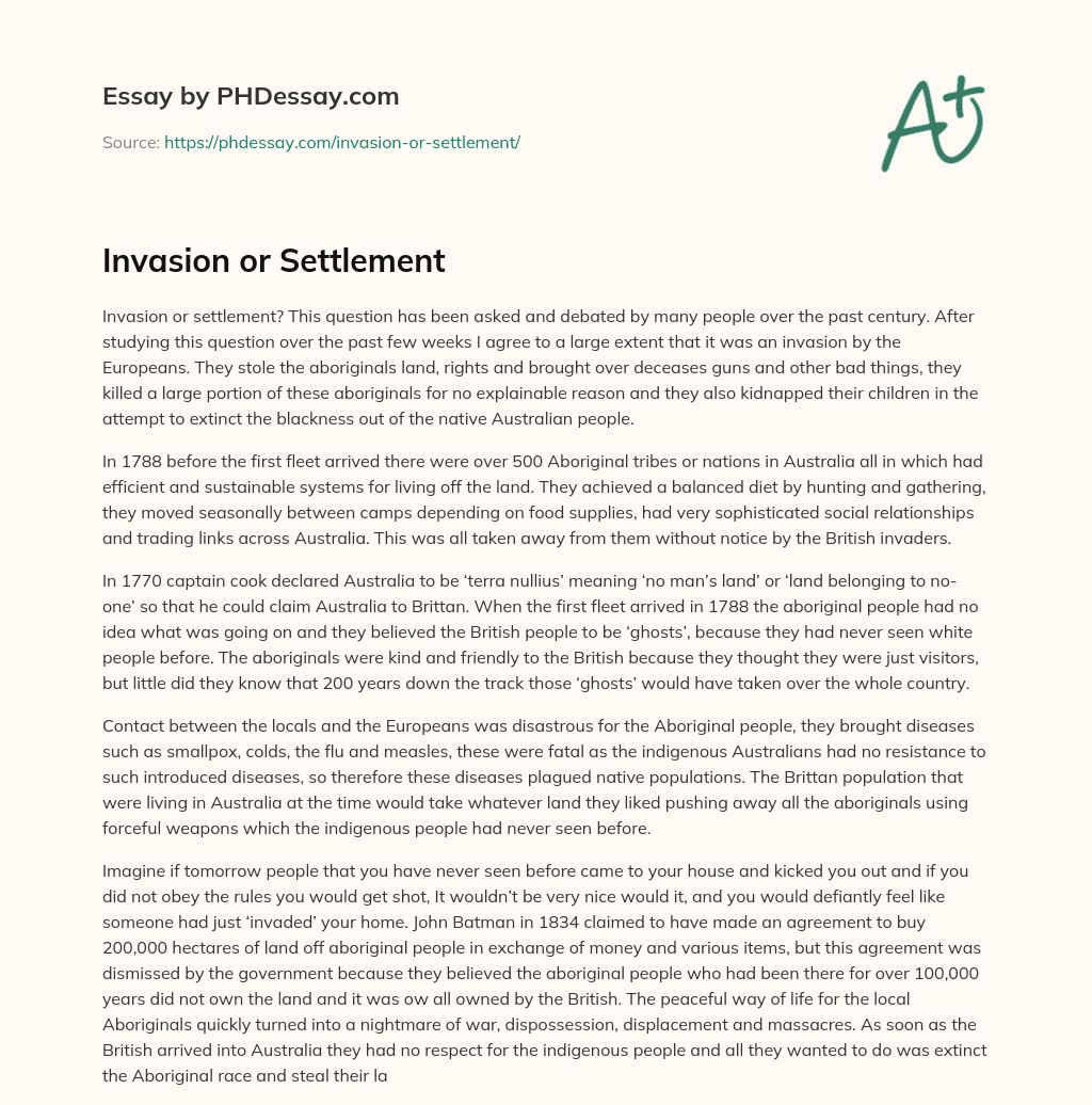 Invasion or Settlement essay