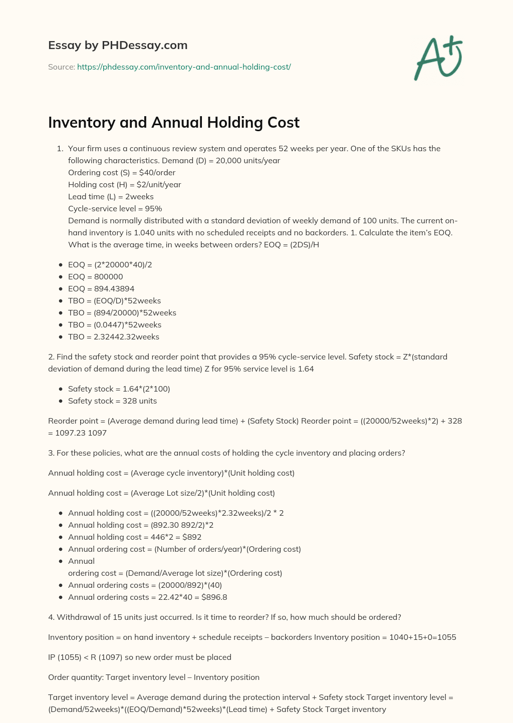 Inventory and Annual Holding Cost essay