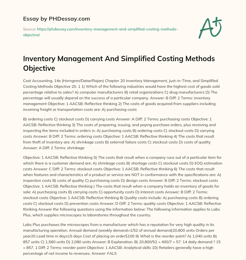 Inventory Management And Simplified Costing Methods Objective essay